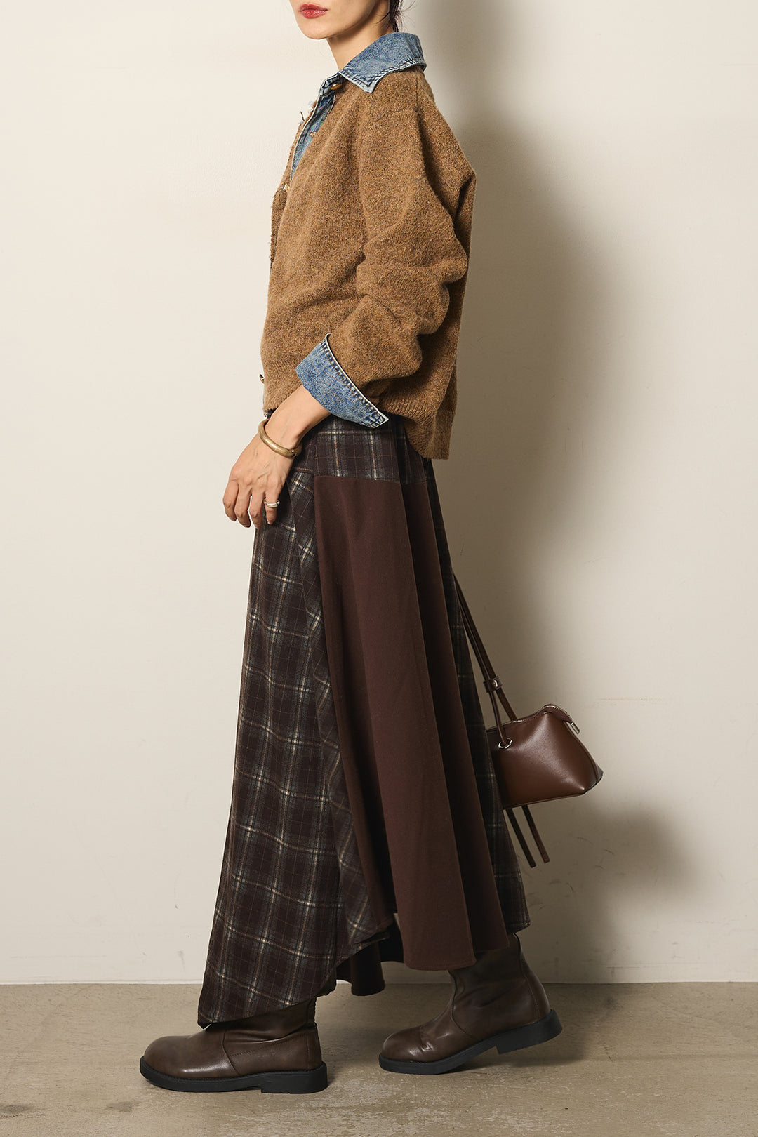 [SET]ニットドッキングデニムシャツ+フェイクレザーサイドベルトワイドパンツ+フェイクレザーベルト付き切り替えタータンチェックスカート(3set)