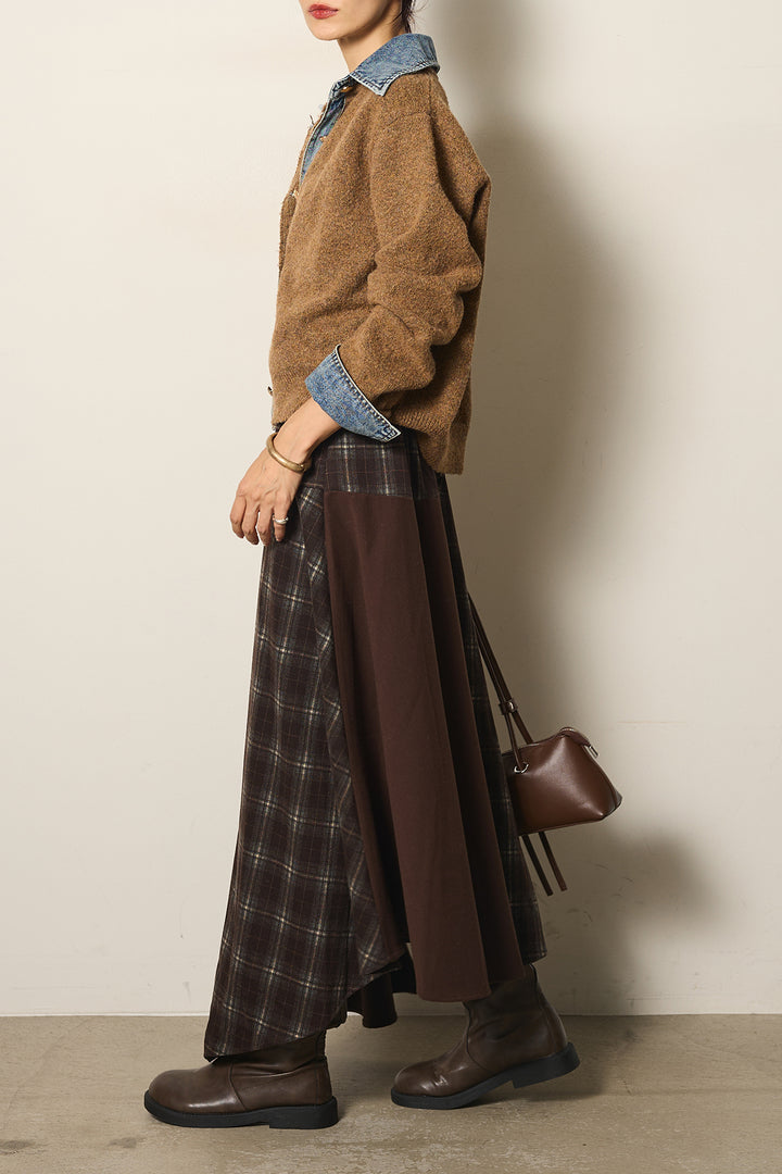 [SET]ニットドッキングデニムシャツ+フェイクレザーサイドベルトワイドパンツ+フェイクレザーベルト付き切り替えタータンチェックスカート(3set)