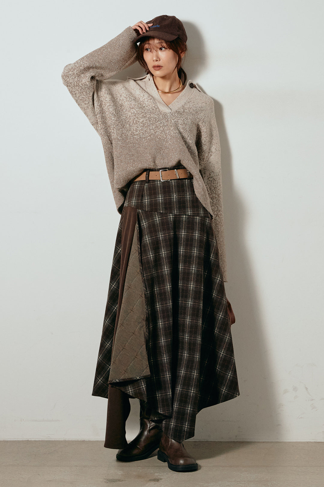 [SET]グラデーションラメニットキーネックプルオーバー+フェイクレザーベルト付き切り替えタータンチェックスカート(2set)