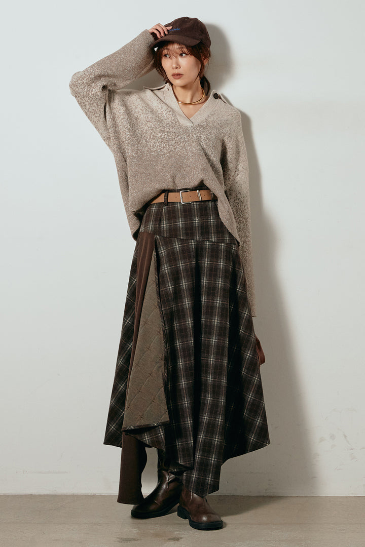 [SET]グラデーションラメニットキーネックプルオーバー+フェイクレザーベルト付き切り替えタータンチェックスカート(2set)