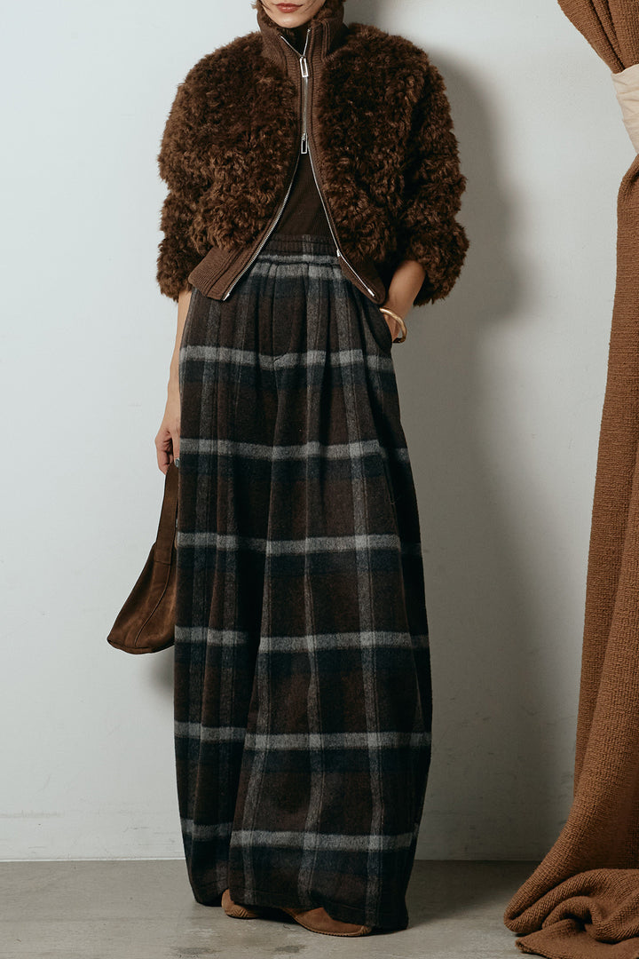 [SET]ハイネックショート丈ボアジップブルゾン+起毛タータンチェック柄ワイドパンツ(2set)