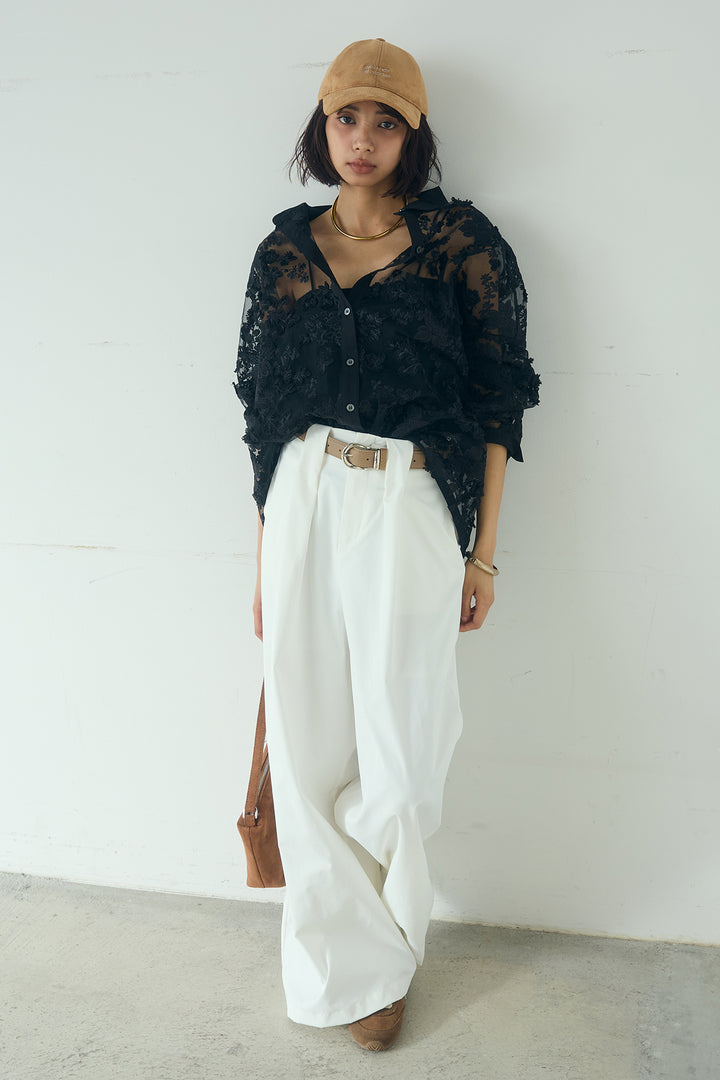 [SET]立体フラワー刺繍レースシャツ+ベルトループデザインハイウエストタックパンツ(2set)