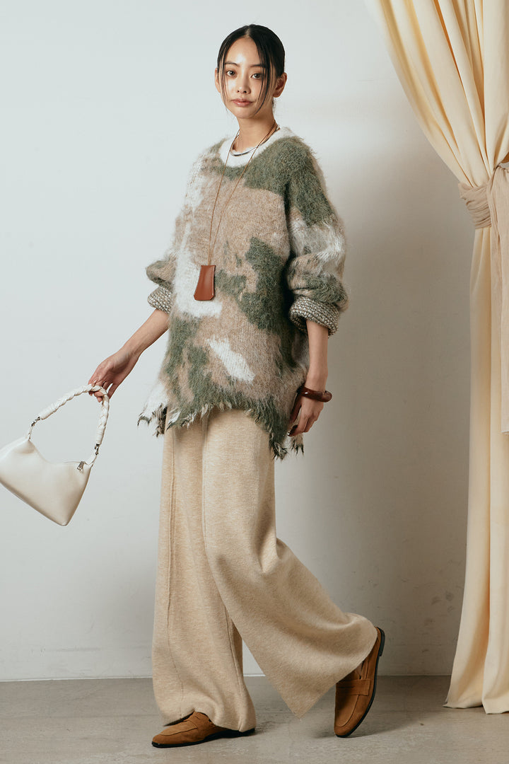 [SET]起毛裾デザインニュアンス柄ニットトップス+センターラインニットパンツ(2set)