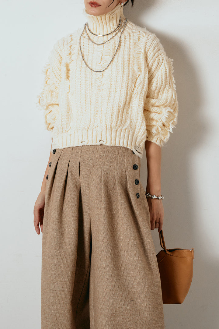 [SET]フリンジタートルショートニット+サイドボタンツイードタックパンツ(2set)