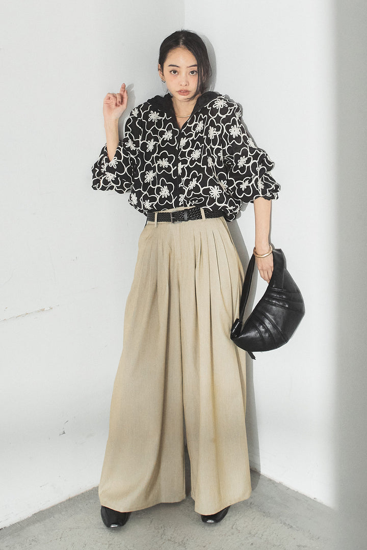 [SET]シアーフラワーフードブルゾン+編みベルト付きウエストタックワイドパンツ(2set)