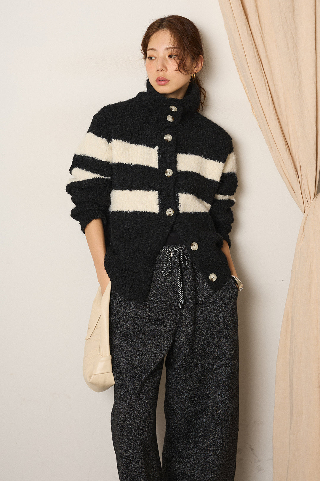 [SET]ハイネックボーダーニットカーディガン+杢ニットフレアパンツ(2set)