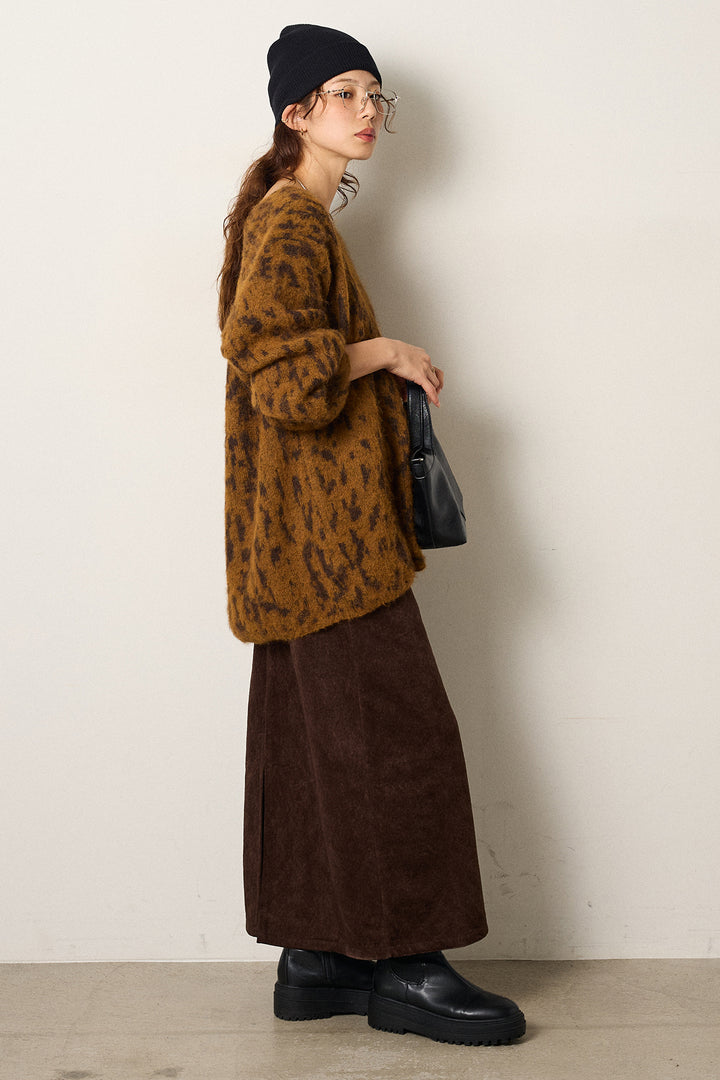 [SET]フラッフィーレオパードシャギーニット+ロープベルト付きスウェード調スカート(2set)