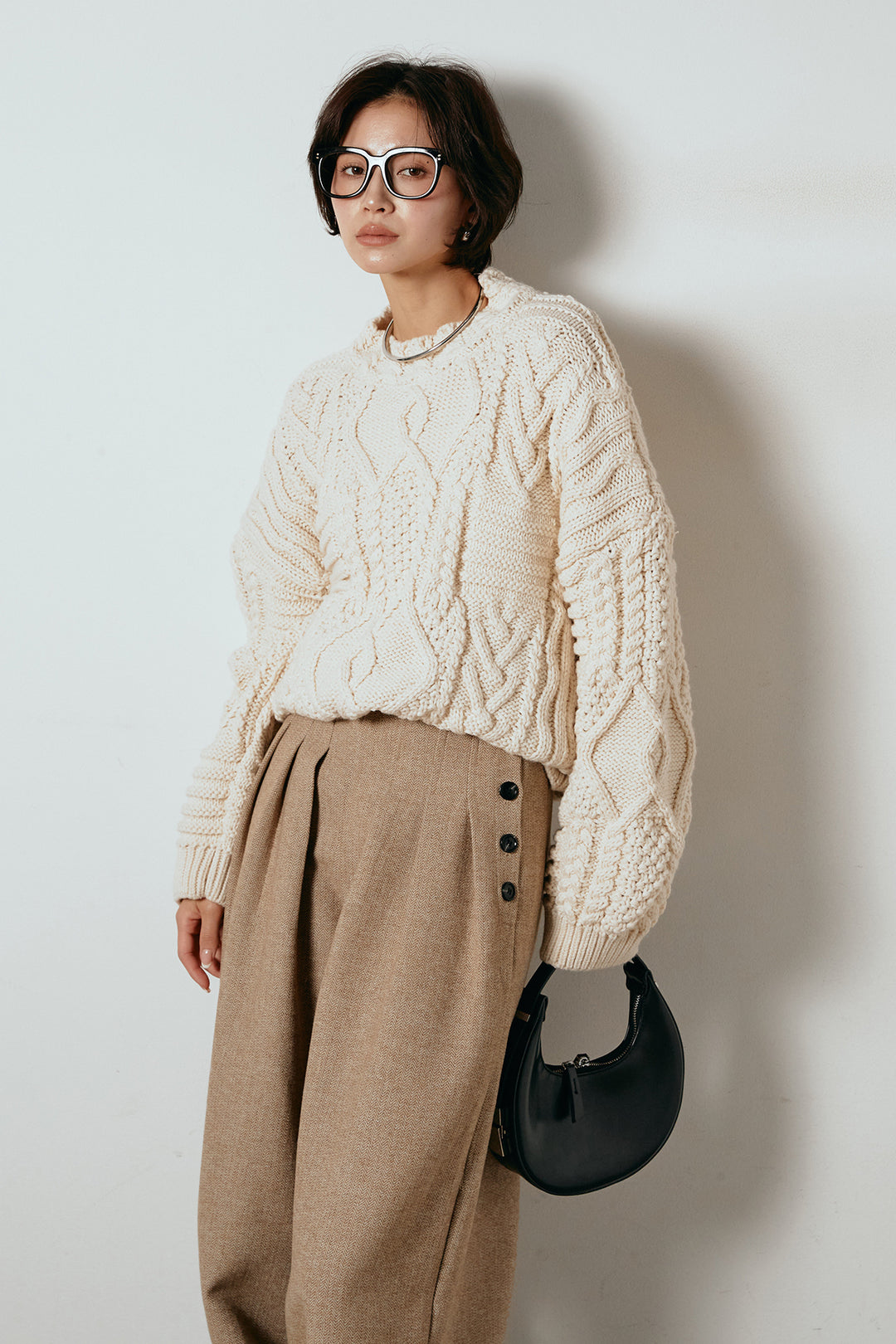 [SET]アラン柄ミックスケーブルニット+サイドボタンツイードタックパンツ(2set)