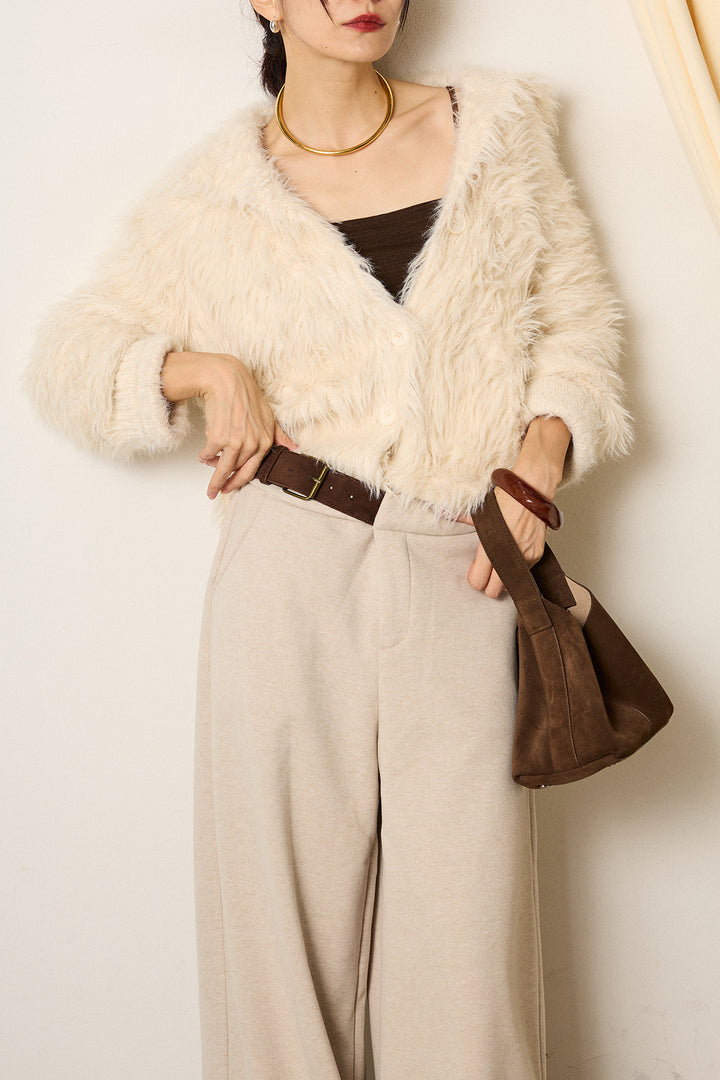 [SET]襟付きシャギーニットカーディガン+サイドベルトパンツ(2set)