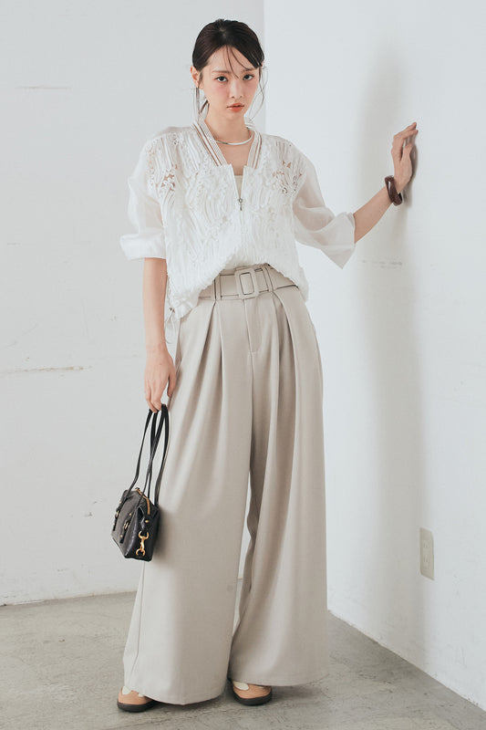 [SET]モチーフ付きシアーブルゾン+ベルト付きツータックワイドパンツ+ベルト付きツータックワイドパンツ(3set)