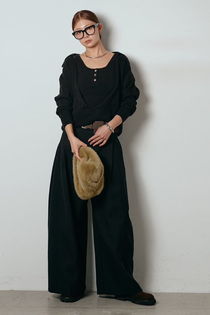 [SET]襟付きレイヤードニットトップス+ポーチベルト付きカーブパンツ(2set)