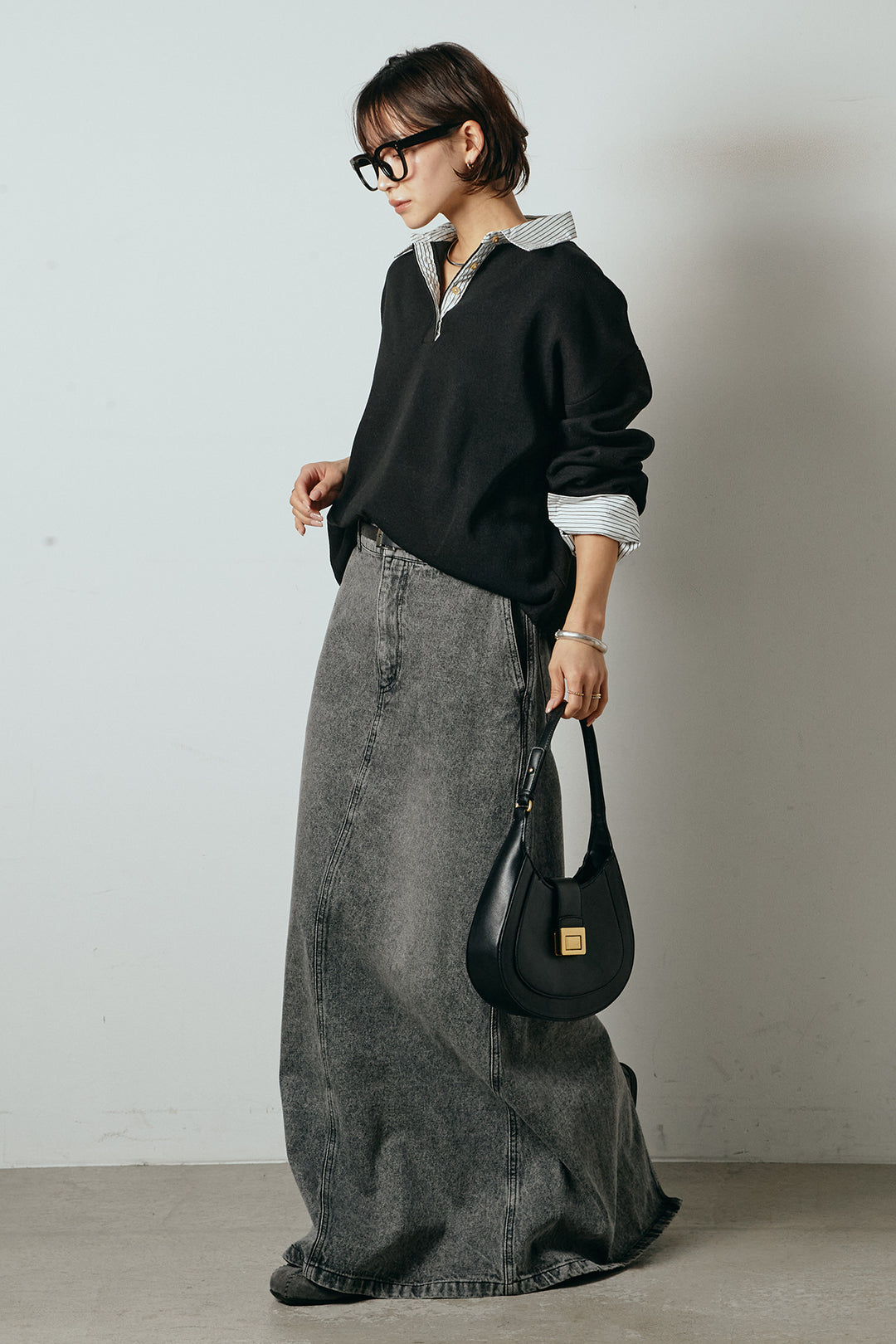 [SET]ストライプシャツドッキングポロトップス+デニムロングフレアスカート(2set)