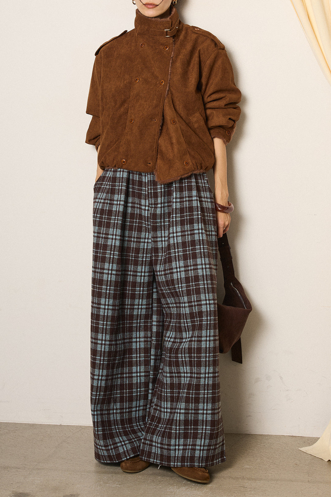 [SET]スタンド襟スウェードライクアウター+スタッズデザインベルトタータンチェックパンツ(2set)