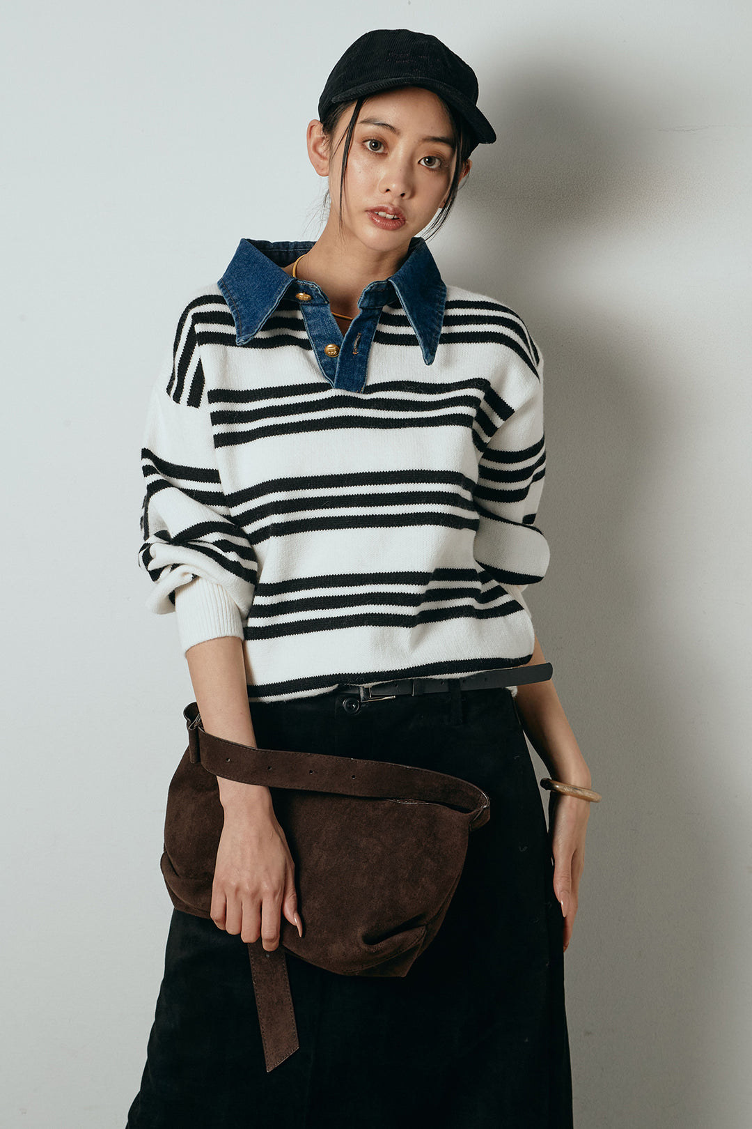 [SET]デニムレイヤード風ランダムボーダーニットプルオーバー+エコスウェードワイドスカート(2set)