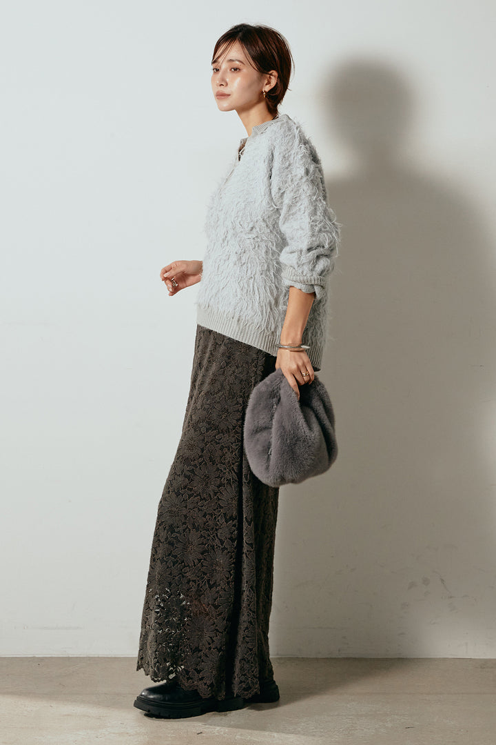 [SET]襟付きシャギーニットポロトップス+花柄刺繍ベロアフレアスカート(2set)