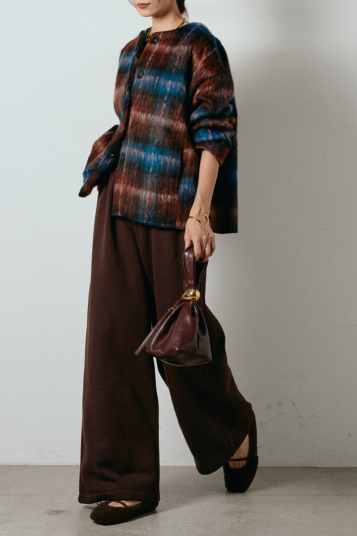 [SET]ノーカラーシャギーチェックアウター+裏起毛スウェットワイドパンツ(2set)