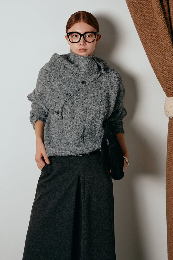 [SET]ケープデザインケーブルニットトップス+ベルト付きフロントタックデザインパンツ(2set)