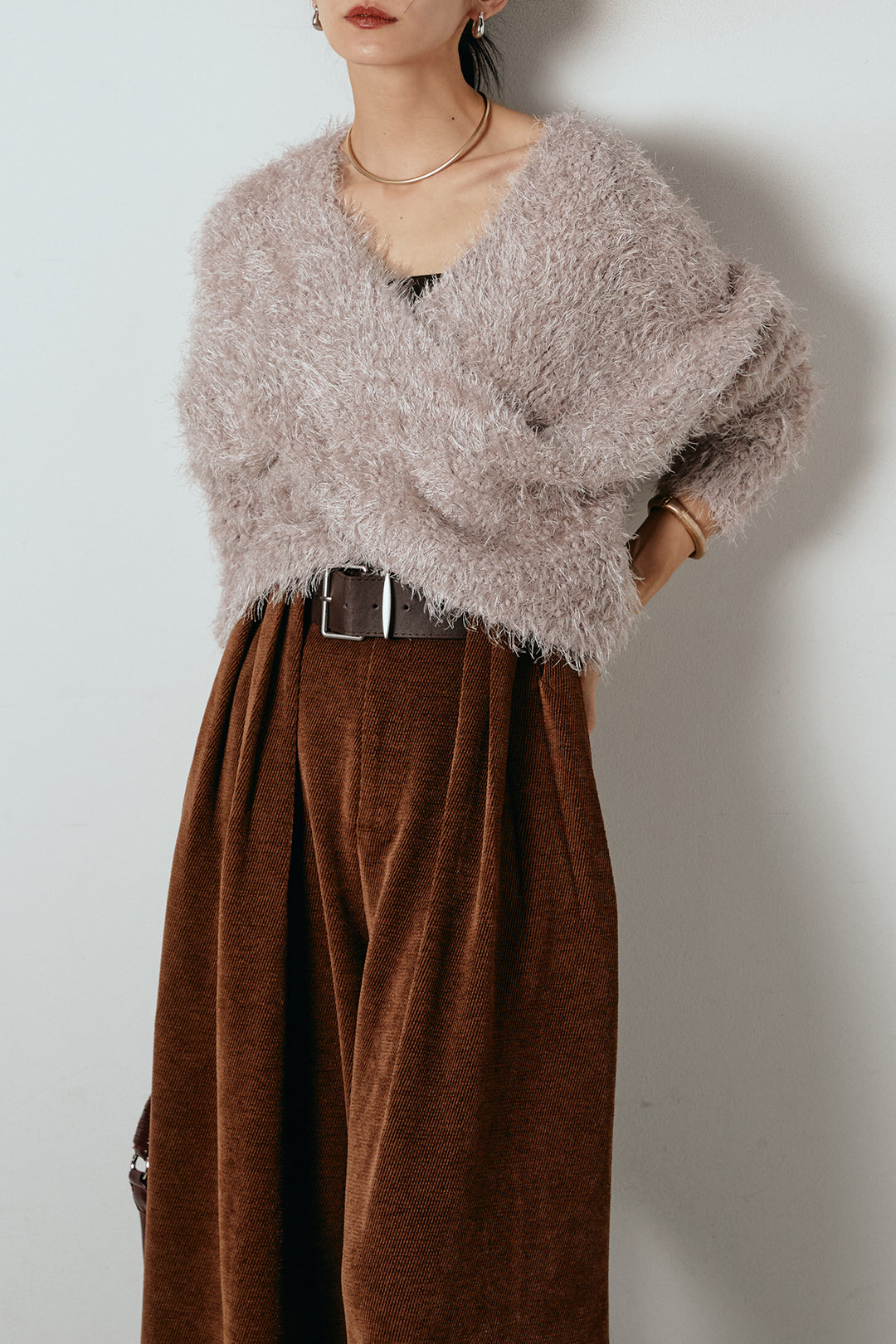 [SET]シャギークロスニットトップス+ベルトループコーデュロイワイドパンツ(2set)