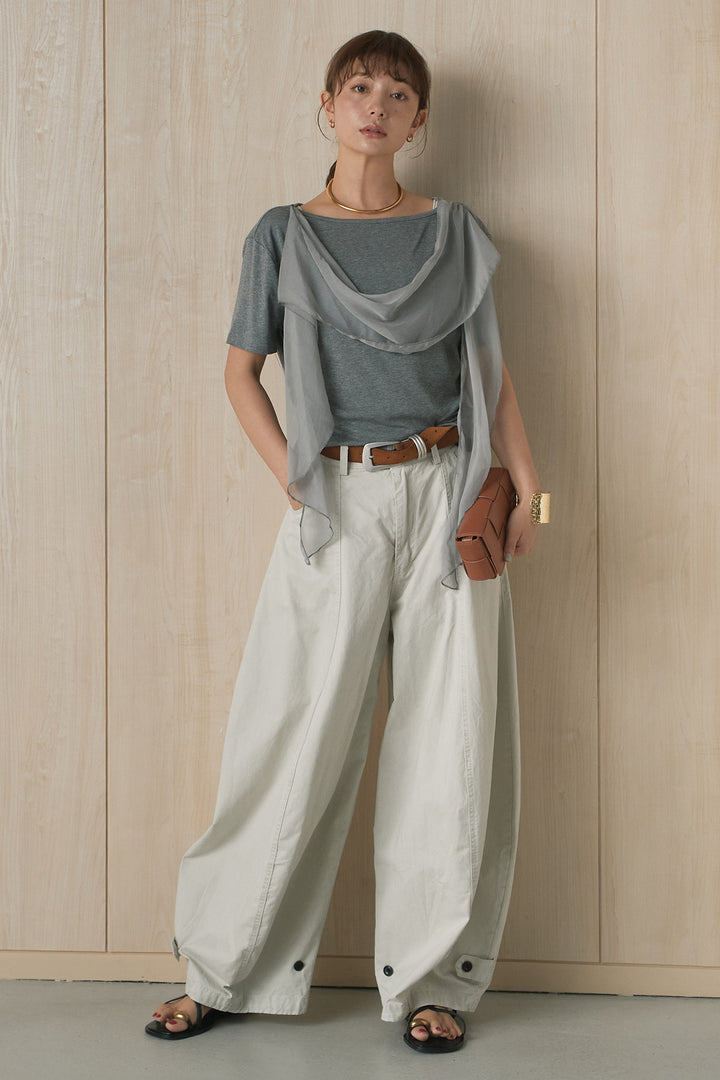[SET]シフォン付きドレープ半袖カットソー+裾ボタン付きバレルパンツ(2set)