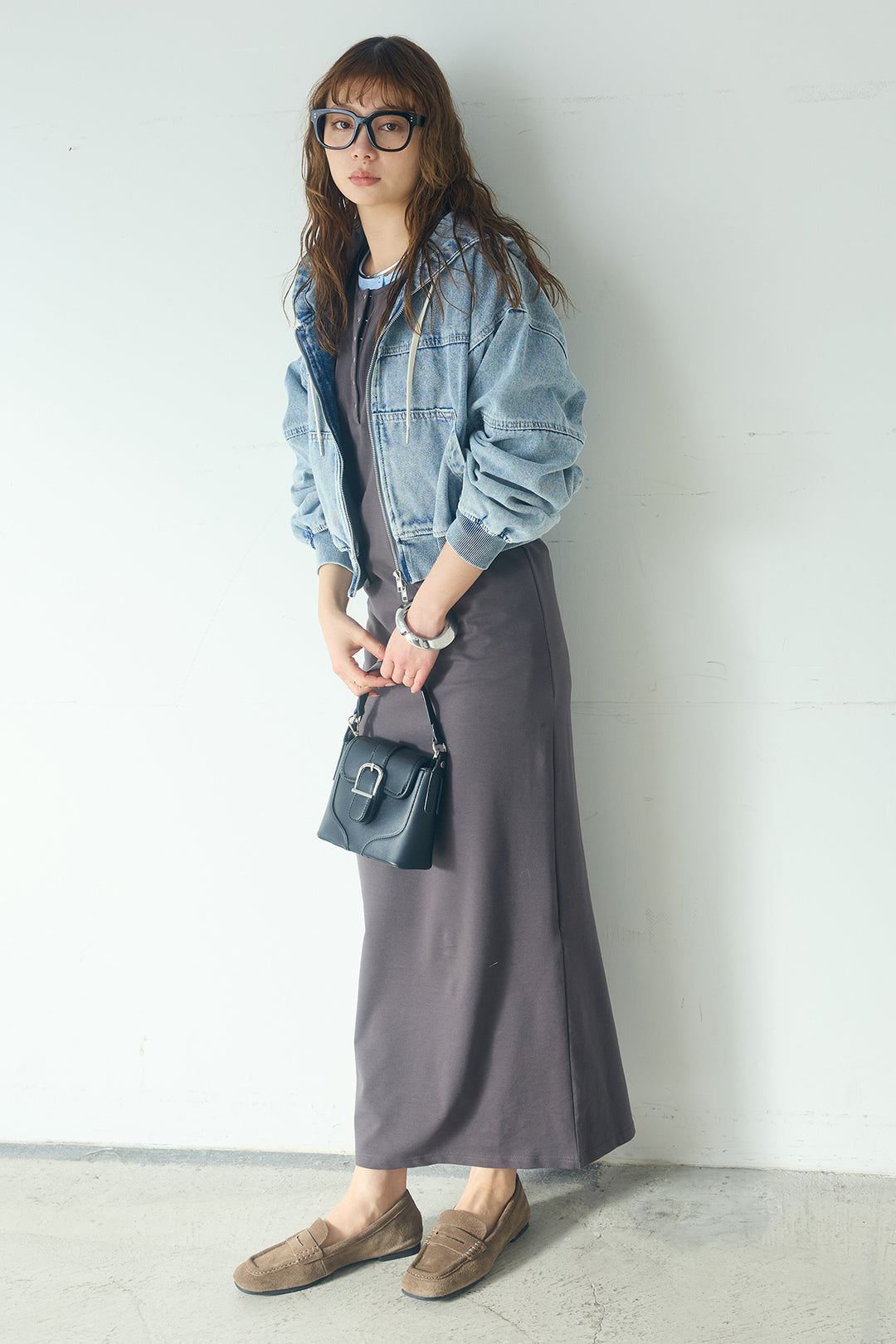 [SET]デニムダブルジップパーカーブルゾン+レイヤード見えヘンリーネックロングワンピース(2set)