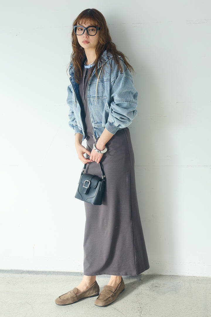 [SET]デニムダブルジップパーカーブルゾン+レイヤード見えヘンリーネックロングワンピース(2set)