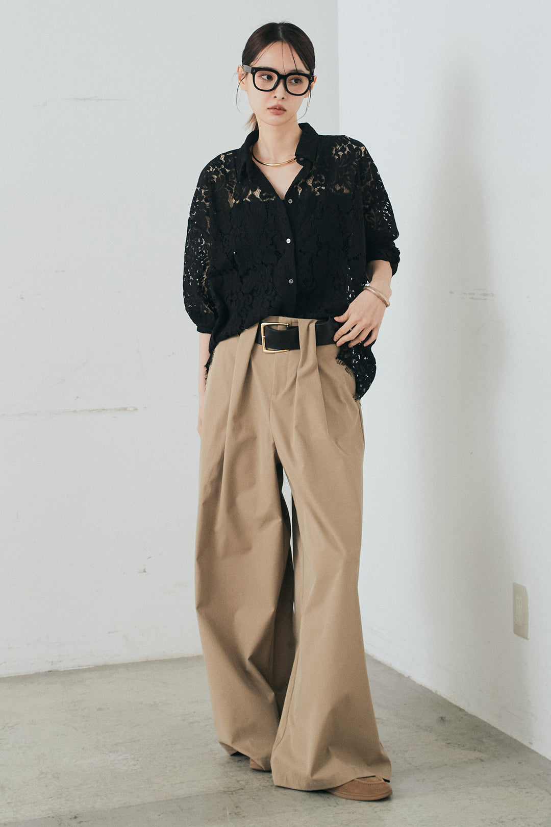 [SET]レース裾スカラップシャツ+ベルトループデザインハイウエストタックパンツ(2set)