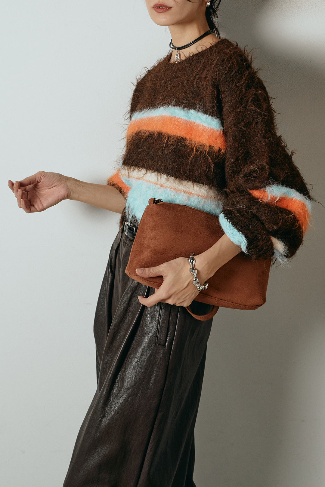 [SET]起毛配色マルチボーダーニットトップス+ベルト付きレザーライクタックパンツ(2set)