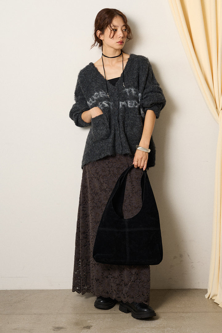 [SET]ウール混透かしロゴニットカーディガン+花柄刺繍ベロアフレアスカート(2set)