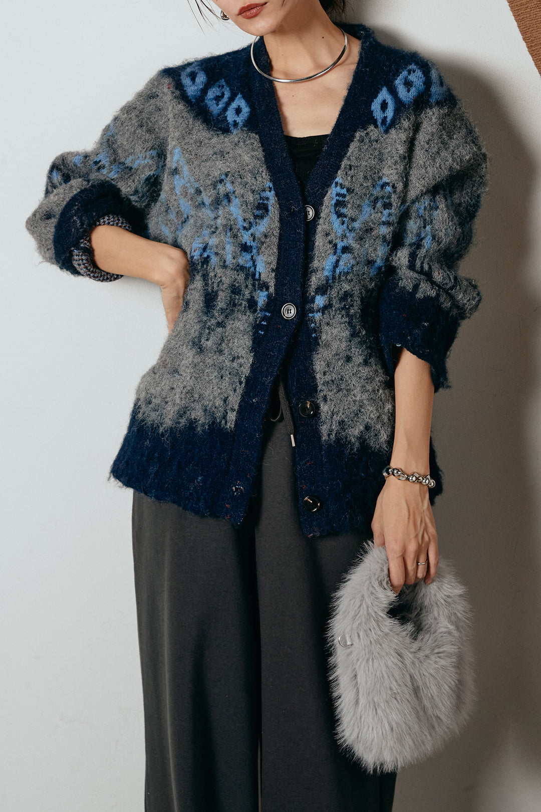 [SET]シャギーニュアンス柄ニットカーディガン+裏起毛スウェットワイドパンツ(2set)