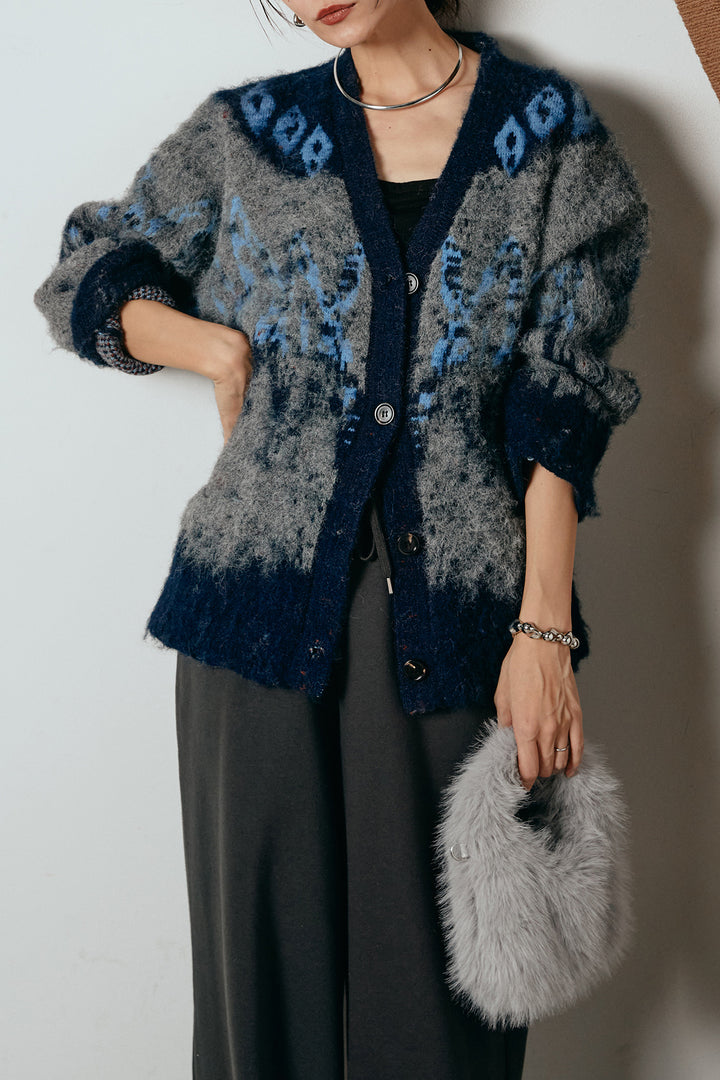 [SET]シャギーニュアンス柄ニットカーディガン+裏起毛スウェットワイドパンツ(2set)