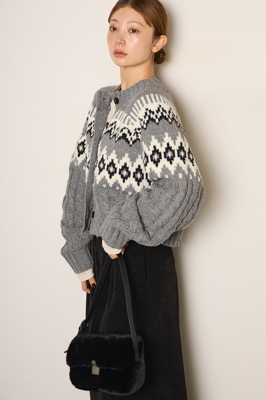 [SET]2WAY求心柄ジャガードショートカーディガン+ベルトループコーデュロイワイドパンツ+2WAY袖コード刺繍クルーネックプルオーバー(3set)