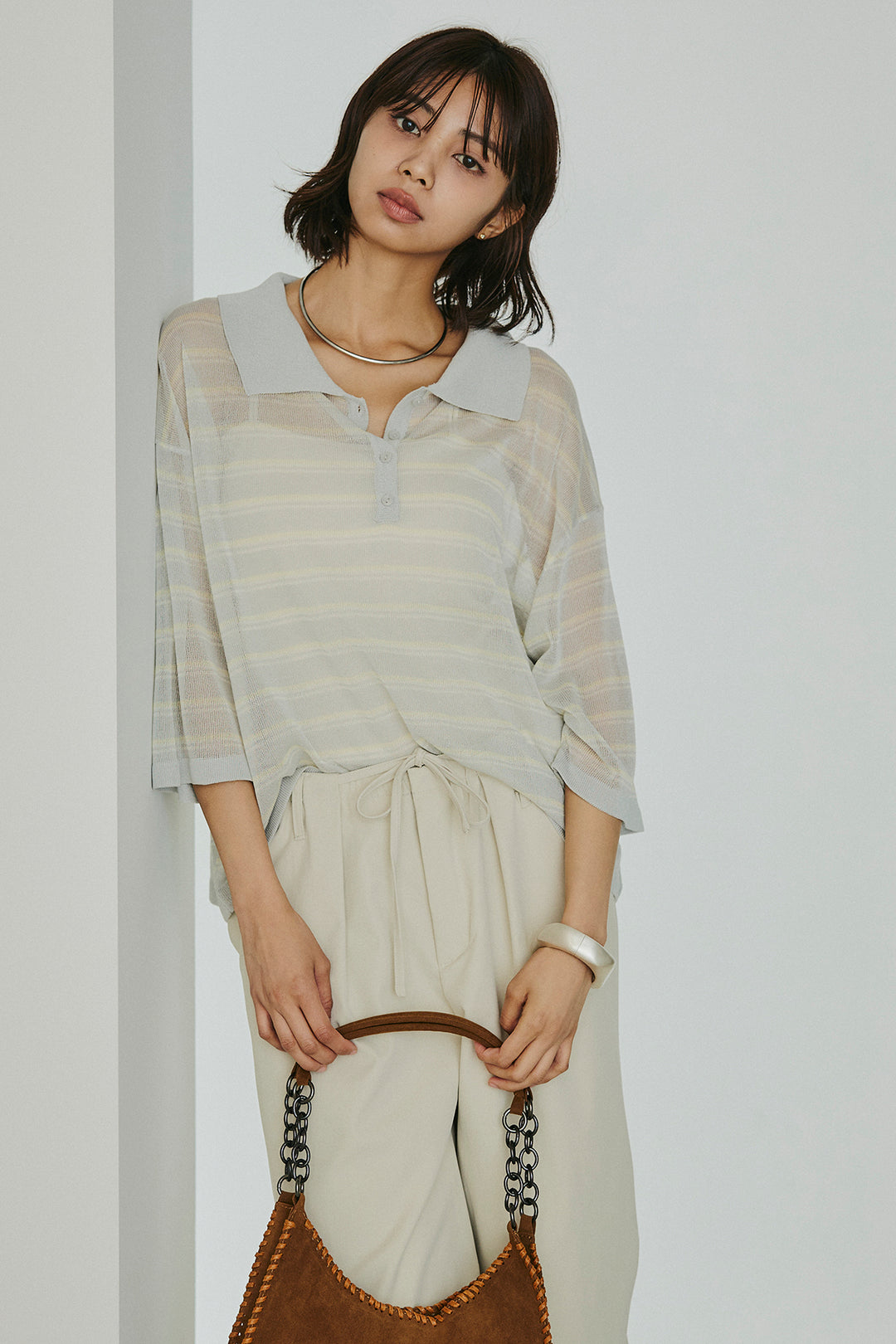 [SET]ボーダーニットポロシャツ+ニーサイドタックウエストドロスパンツ(2set)