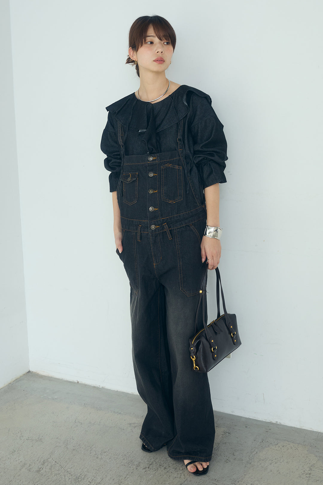 [SET]デニムフリルブラウス+デニムサロペットワイドパンツ(2set)
