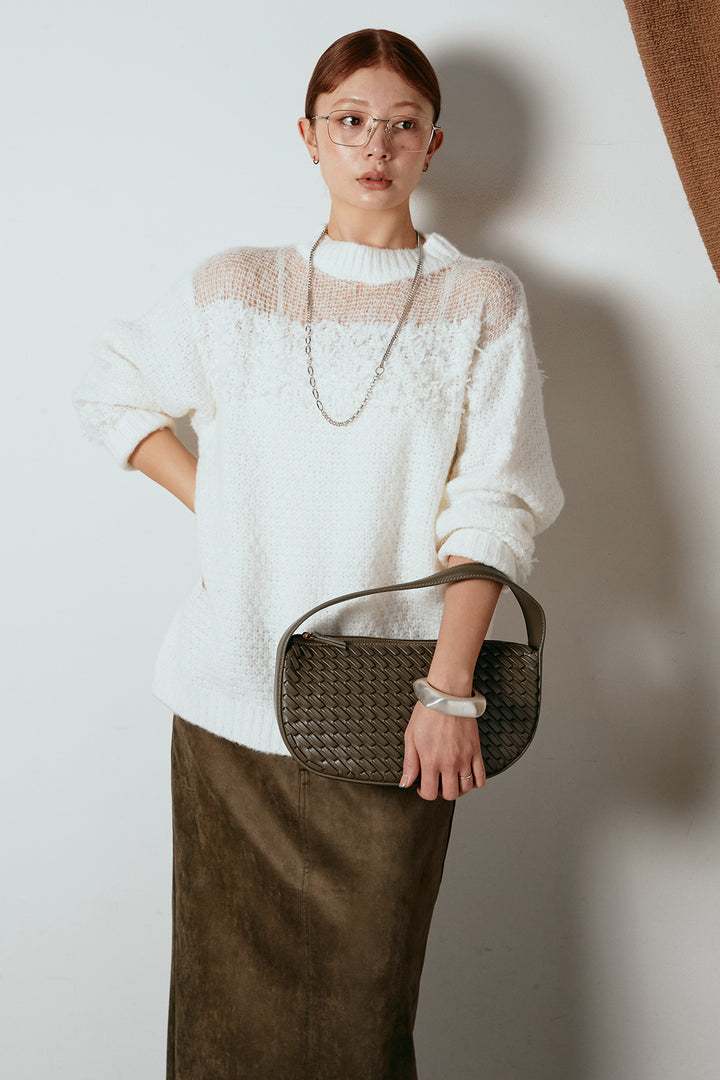 [SET]パターンランダム編みニットトップス+スウェードライク裾フリンジスカート(2set)