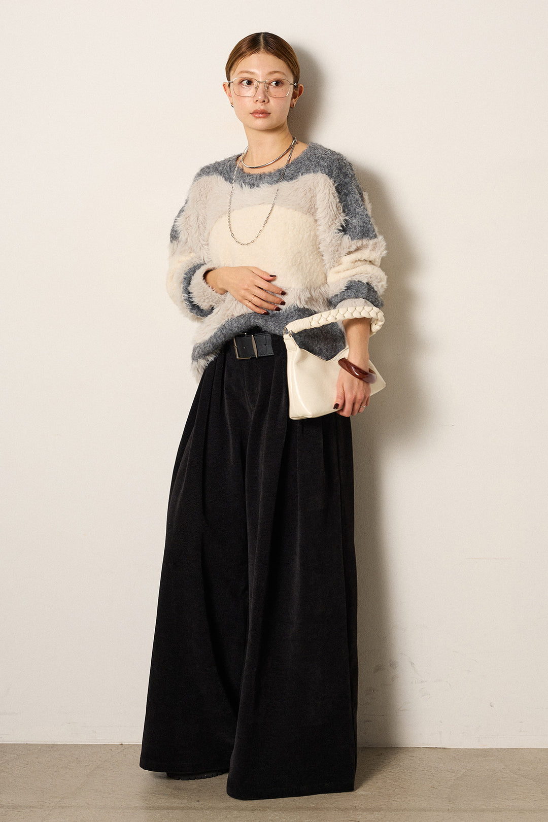 [SET]シャギーウェーブ柄クルーネックニットトップス+ベルトループコーデュロイワイドパンツ(2set)