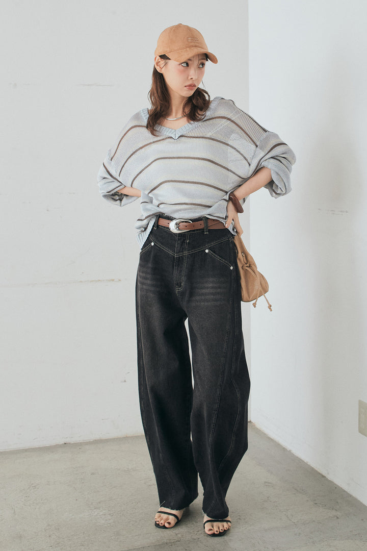 [SET]綿タッチVネックボーダートップス+デニムヨークパンツ(2set)
