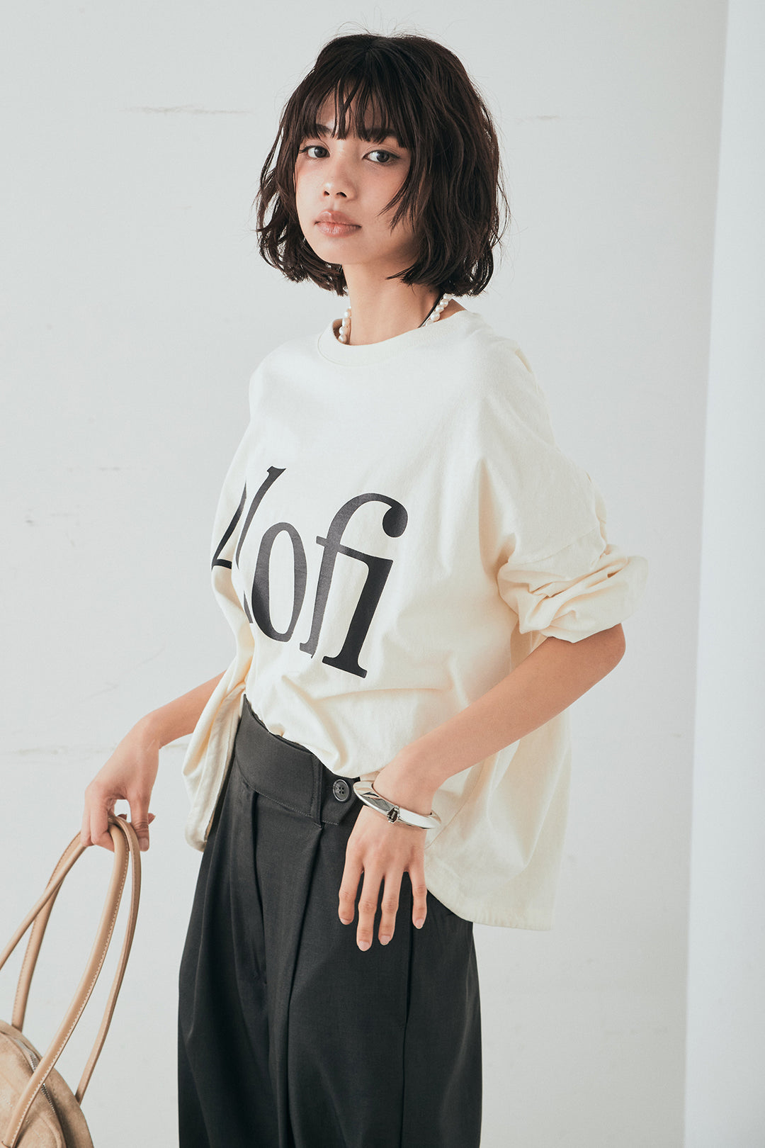 [SET]裾センタードロストロゴプリントワイドTシャツ+センタープレスセミワイドパンツ(2set)