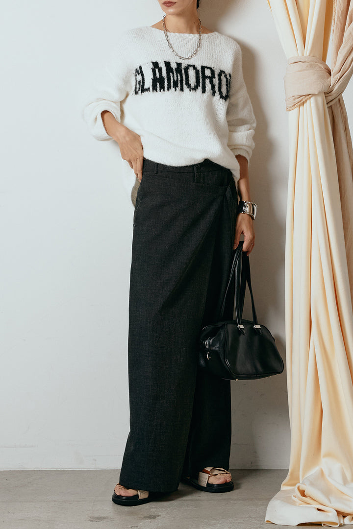 [SET]フロントロゴデザインニットトップス+ラップ巻きワイドスラックス(2set)