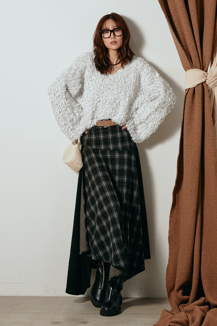 [SET]深Vネックチョウチョヤーンニットトップス+フェイクレザーベルト付き切り替えタータンチェックスカート(2set)
