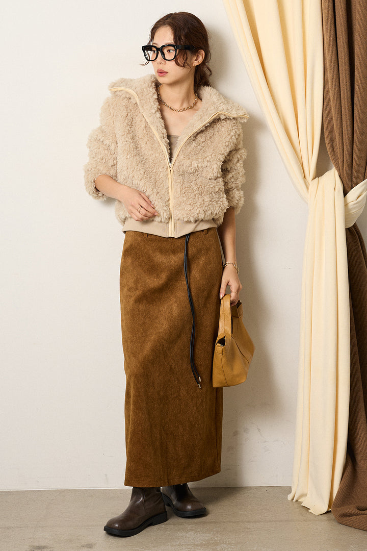 [SET]スタンドカラー裾リブボアブルゾン+ロープベルト付きスウェード調スカート(2set)