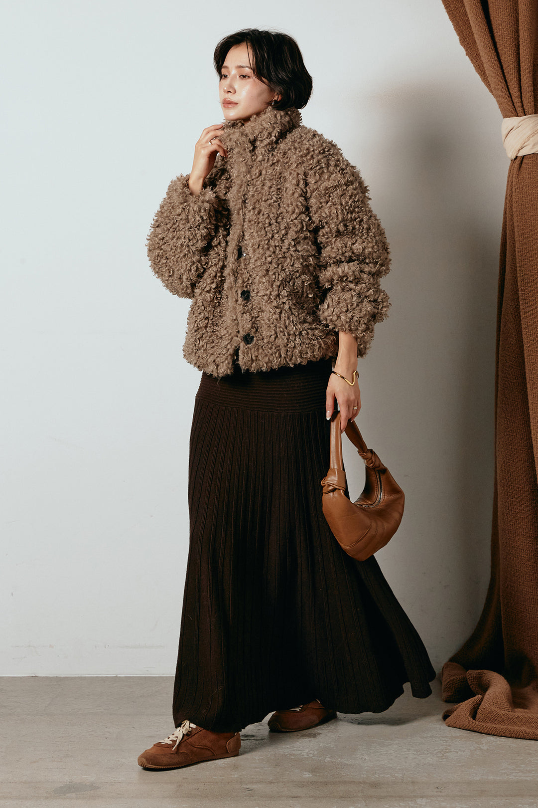 [SET]プードルファーミドルジャケット+編み地切り替えフレアニットスカート(2set)