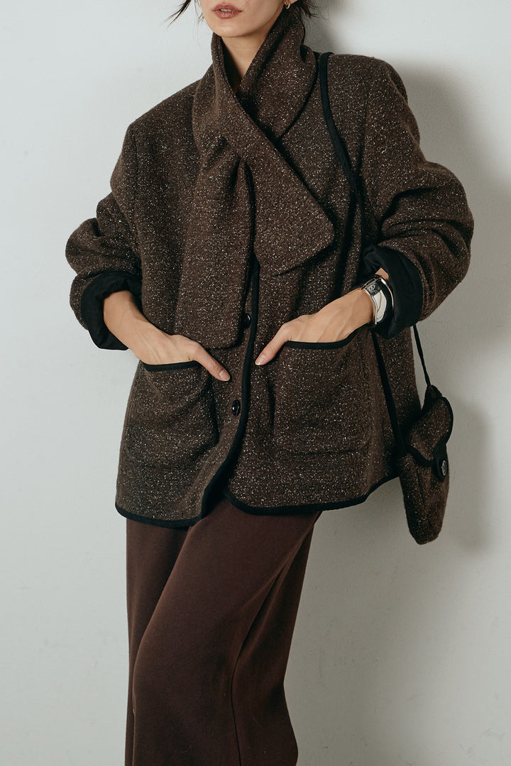 [SET]ノーカラーマフラーバッグ付きアウター+裏起毛スウェットワイドパンツ(2set)