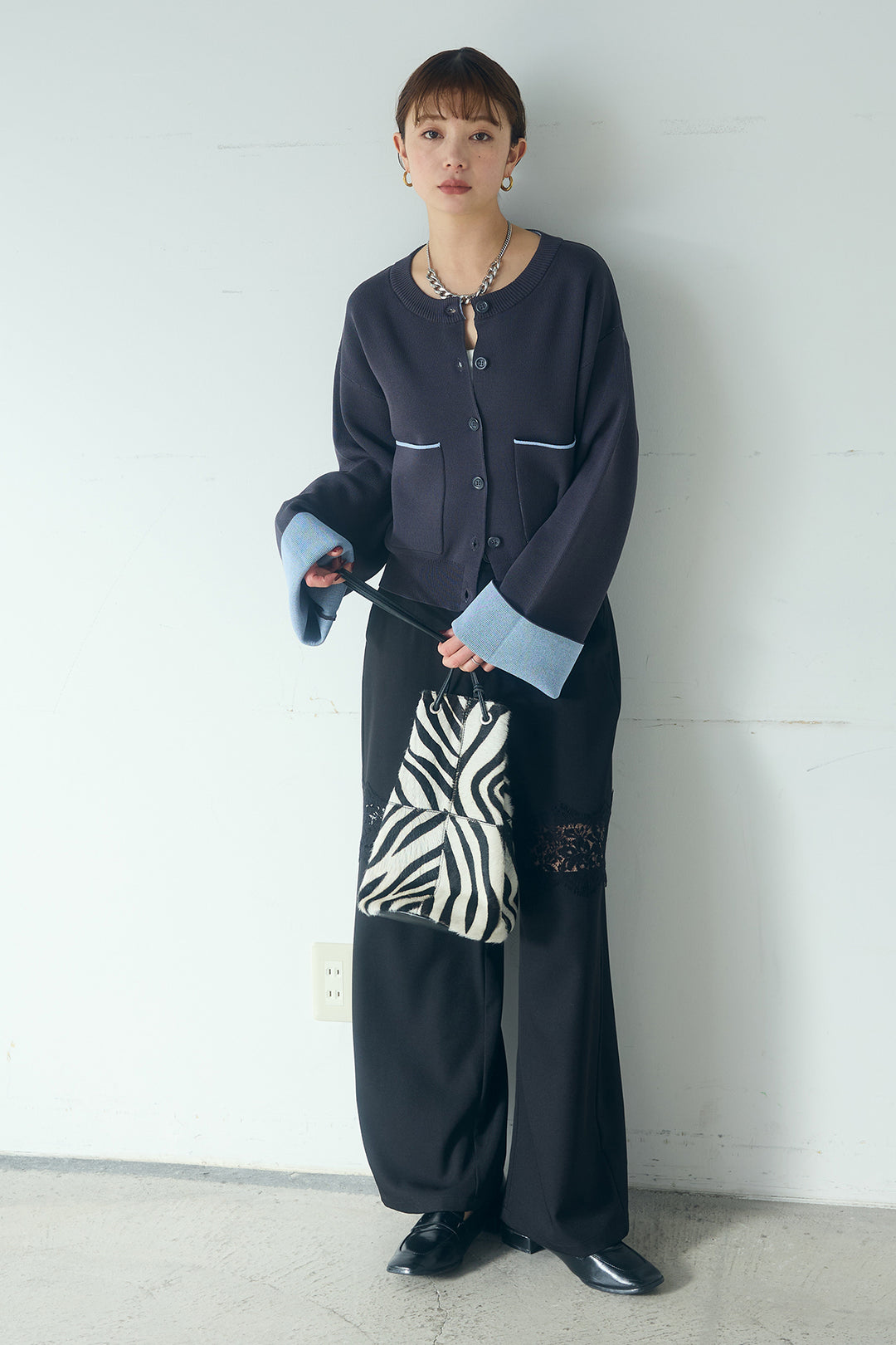 [SET]レーヨンポリダブルフェイスカーディガン+レース刺繍切替ワイドパンツ(2set)