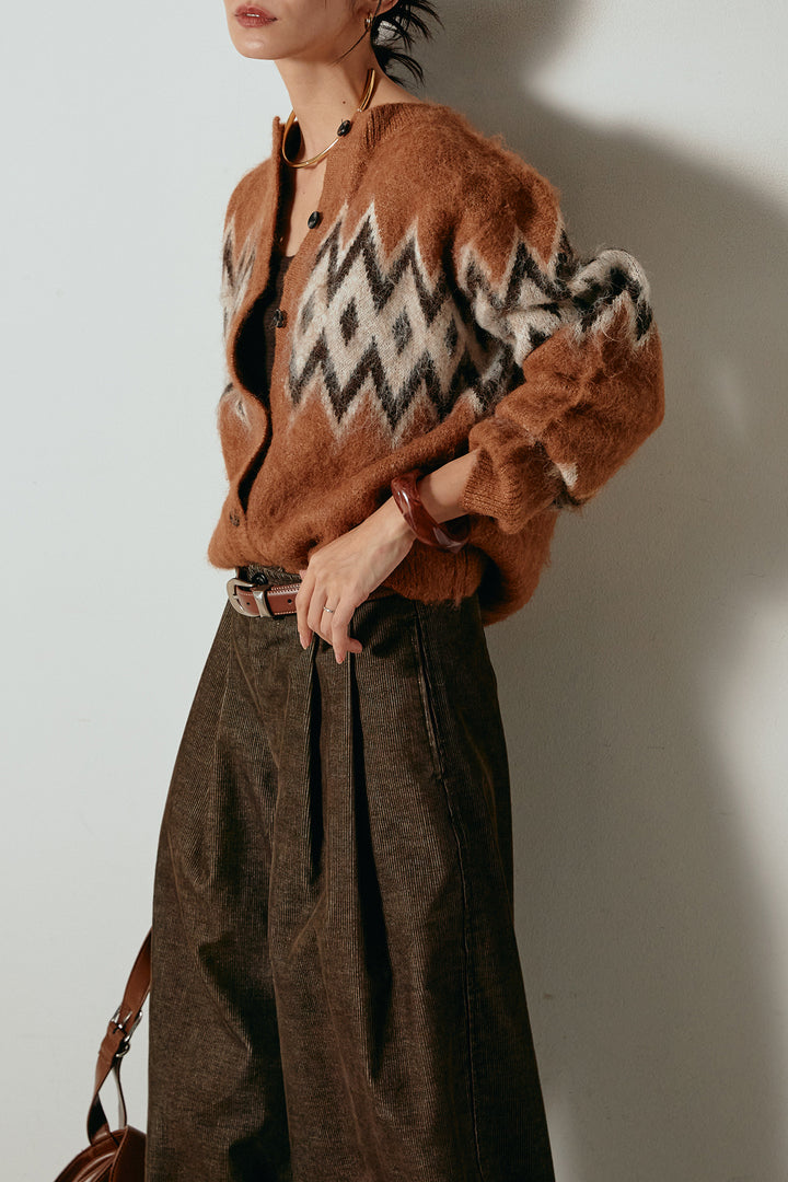 [SET]起毛ノルディック柄ニットカーディガン+フロントタック入りコーデュロイパンツ(2set)