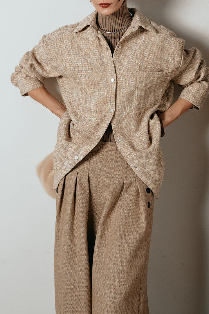 [SET]ルーズクラッシュツイルシャツ+サイドボタンツイードタックパンツ(2set)