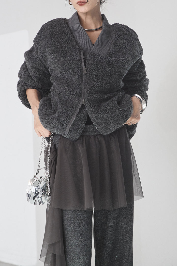 [SET]ノーカラーリブボアアウター+チュールレイヤードニットパンツ(2set)