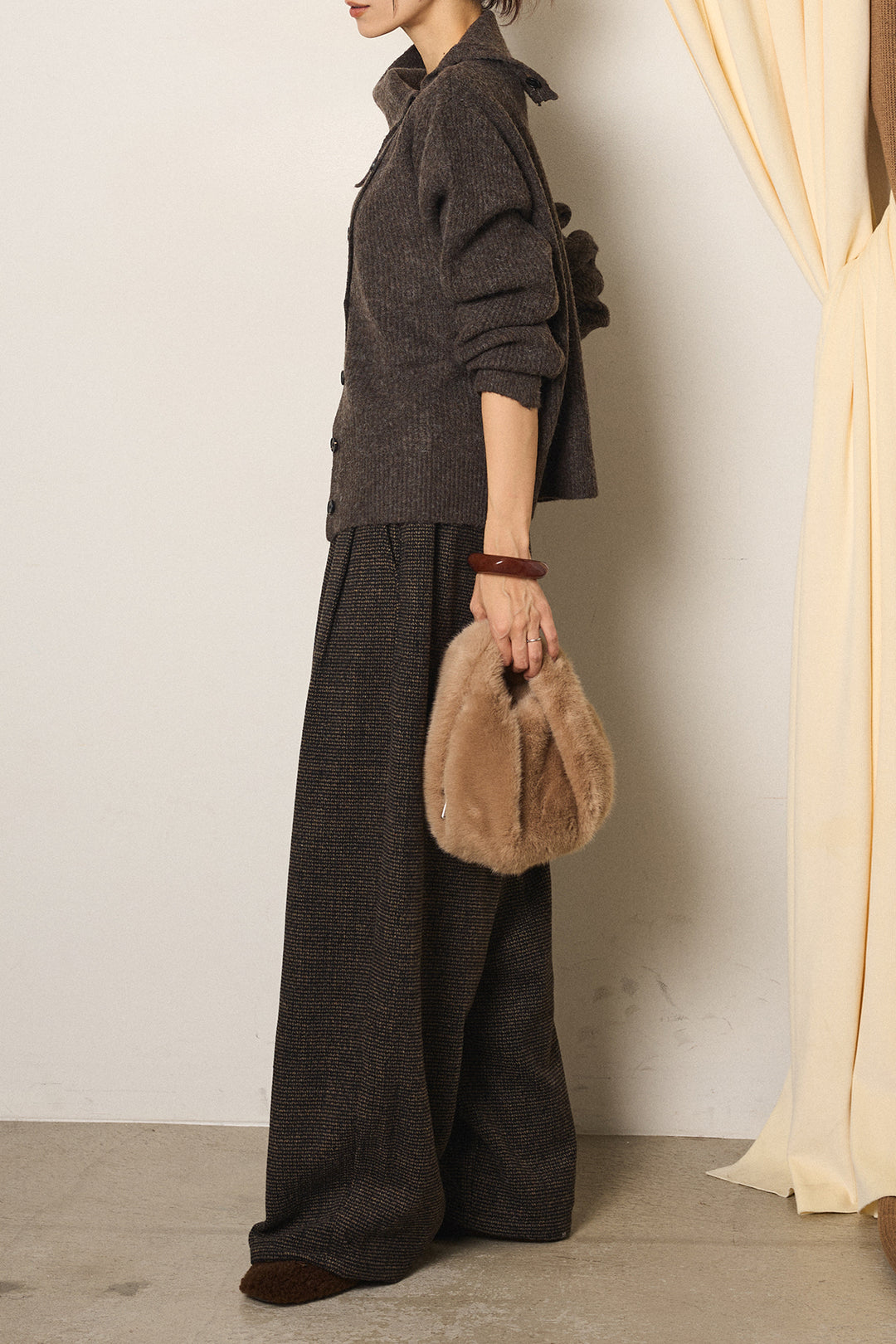 [SET]ボタンデザインネックニットプルオーバー+起毛タック入りツイードワイドパンツ(2set)