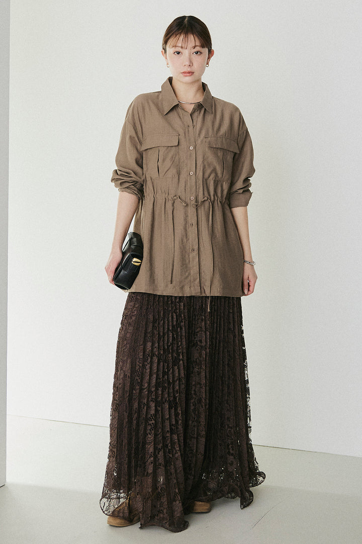 [SET]リネンブレンドシアーサファリシャツ+リラックスプリーツスカート(2set)