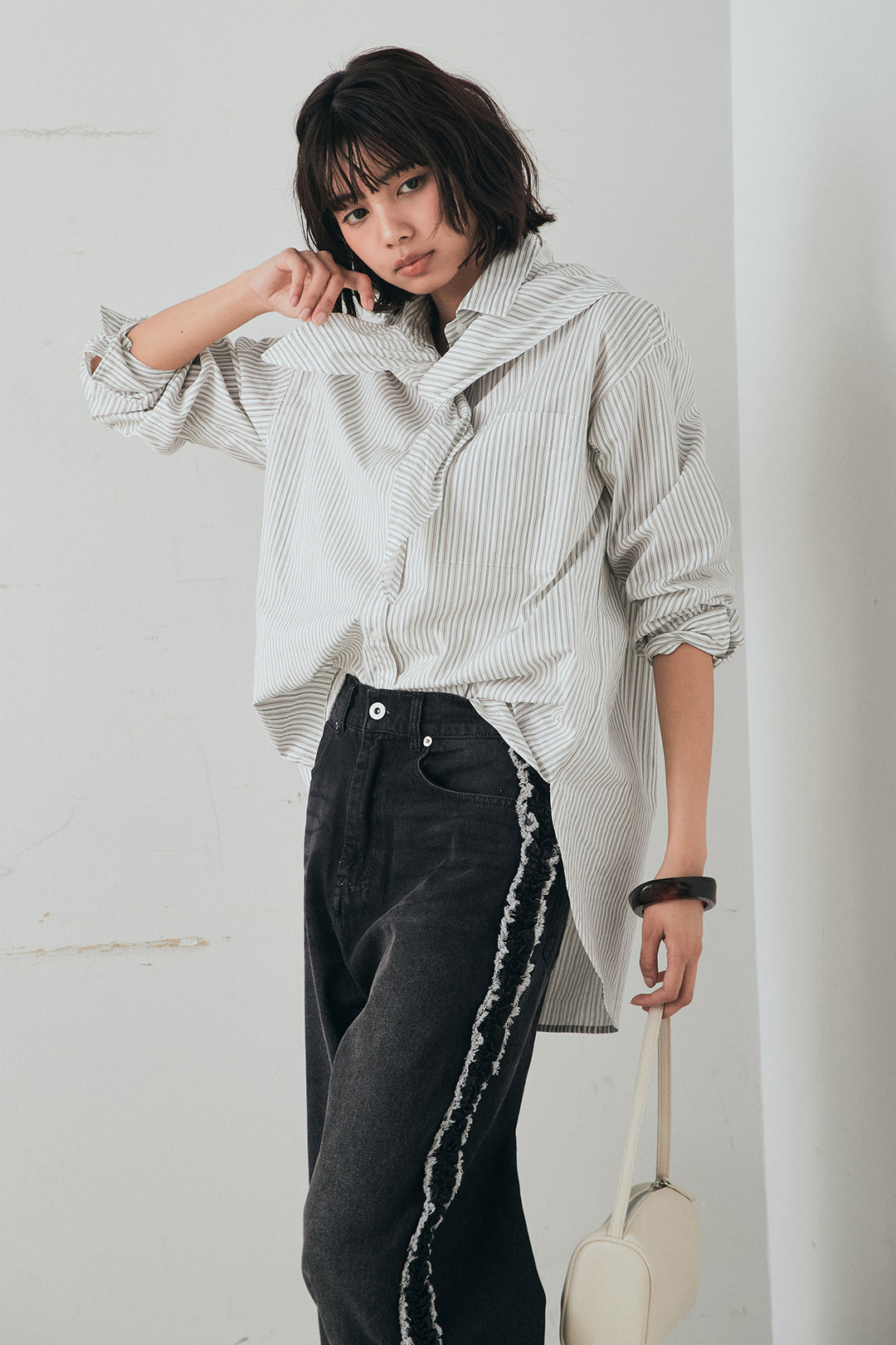 [SET]ランダムストライプスカーフ付きシャツ+デニムサイドフリルパンツ(2set)