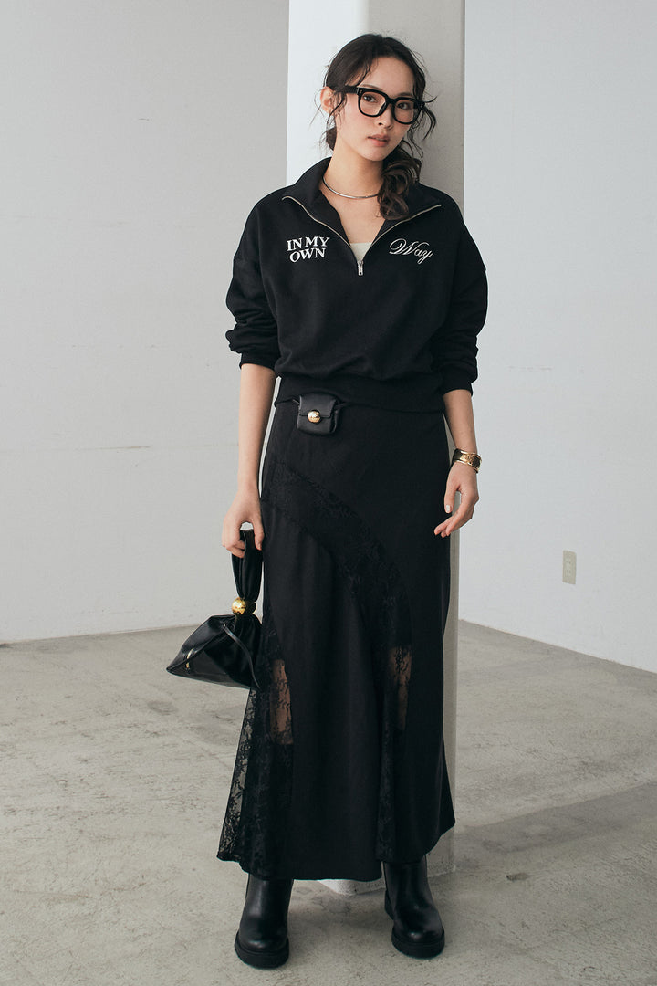 [SET]裏毛ロゴ刺繍ハーフZIPスウェット+刺繍レースデザインサテンスカート(2set)